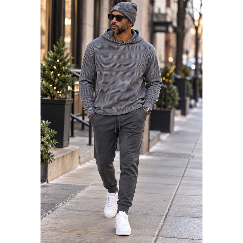 Vince Mens Hoodie Large Blue Gray Striped Double Knit Pullover Casual